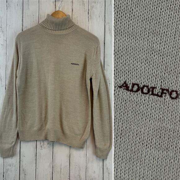 Adolfo Sweaters - VTG Adolfo Tan Cashmere Touch Embroidered Turtleneck Knit Sweater Size Large